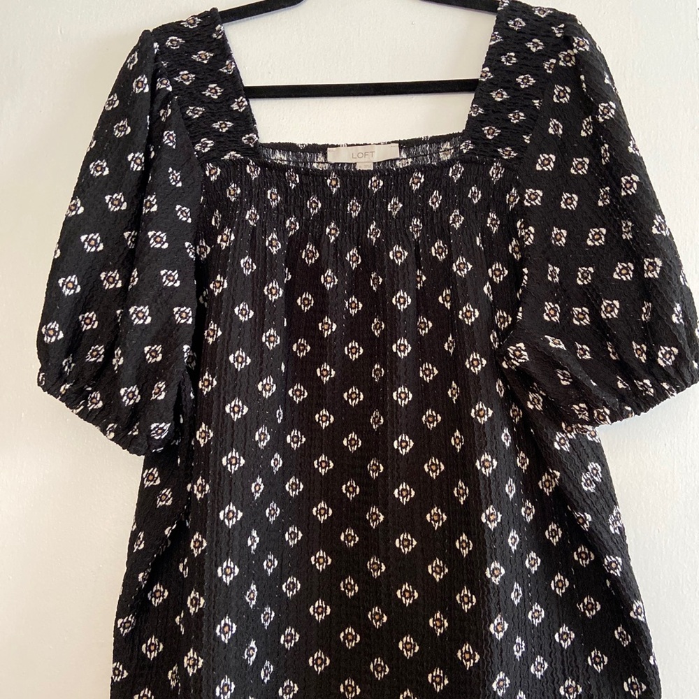 Loft Black Printed Square-Neck Puff-Sleeve Boho Top
